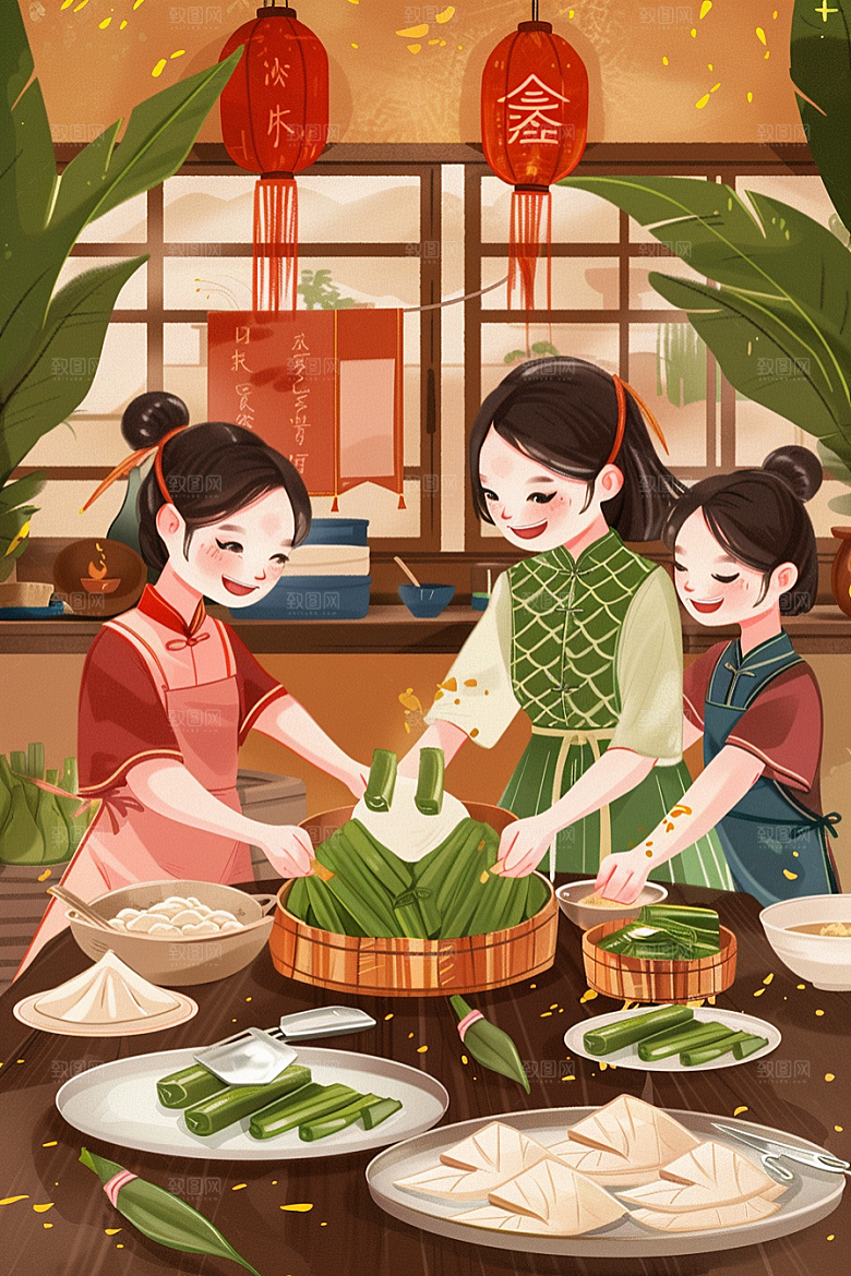 端午包粽子温馨节日插画