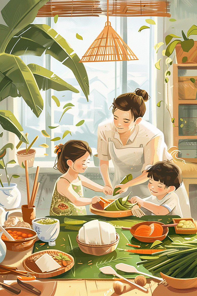 端午包粽子习俗手绘插画