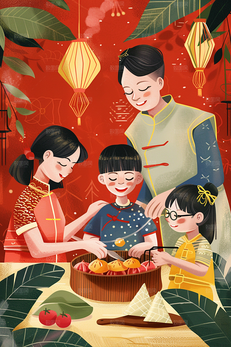 端午包粽子温馨传统文化插画