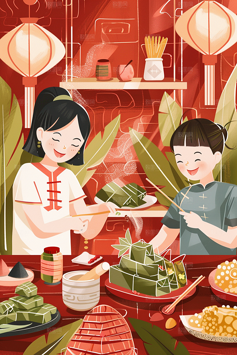 端午包粽子端午节节日氛围插画