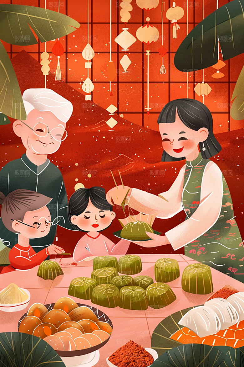 端午包粽子节日小吃插画