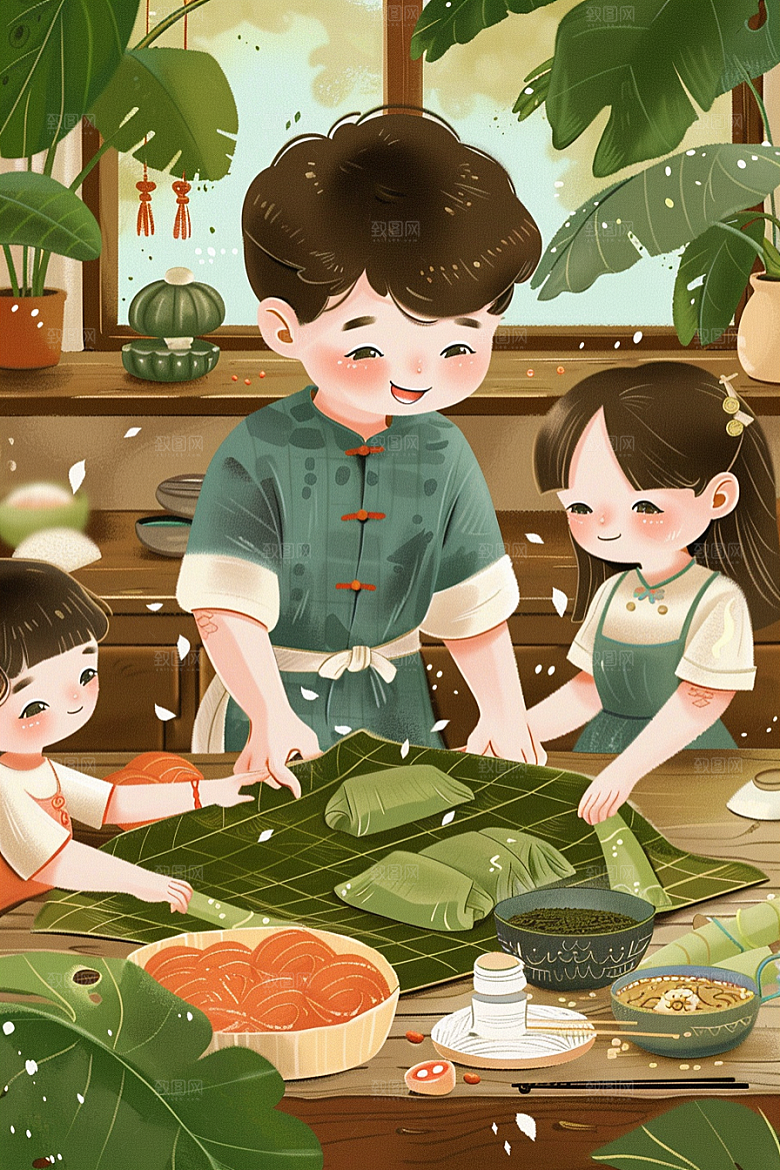 端午包粽子温馨节日插画