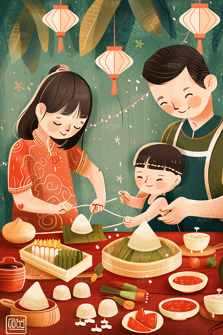 端午包粽子粽叶端午节插画
