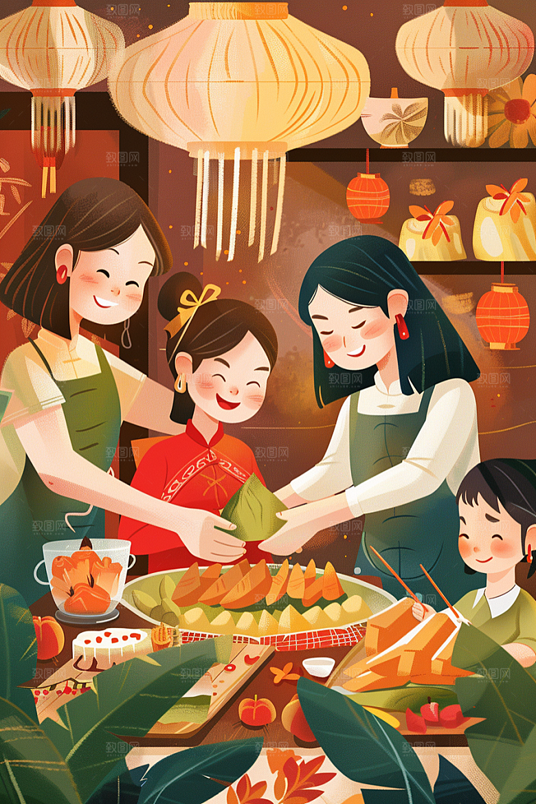 端午包粽子幸福习俗插画