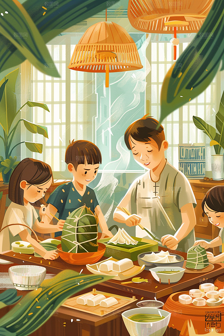 端午包粽子传统文化阖家团聚插画