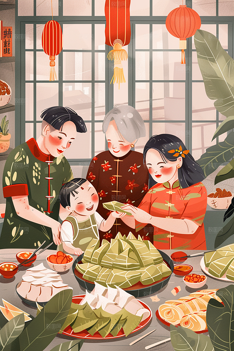 端午包粽子粽叶节日氛围插画