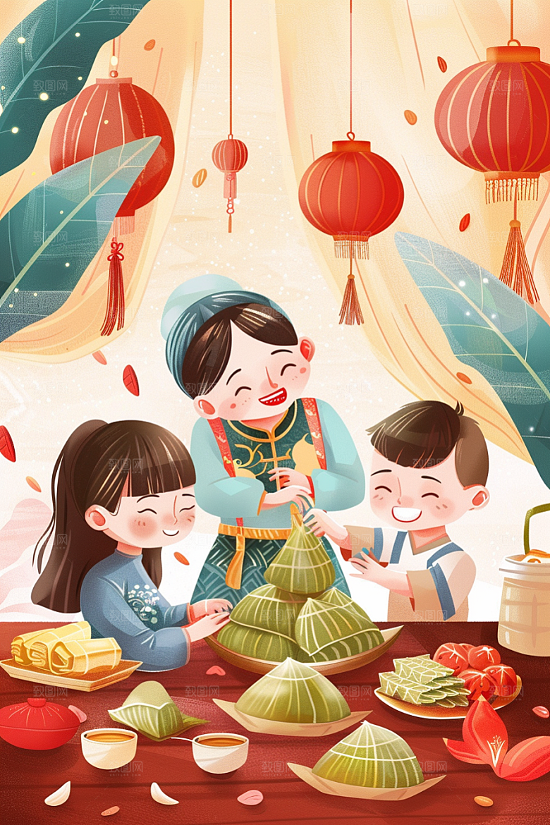 端午包粽子阖家团聚小吃插画
