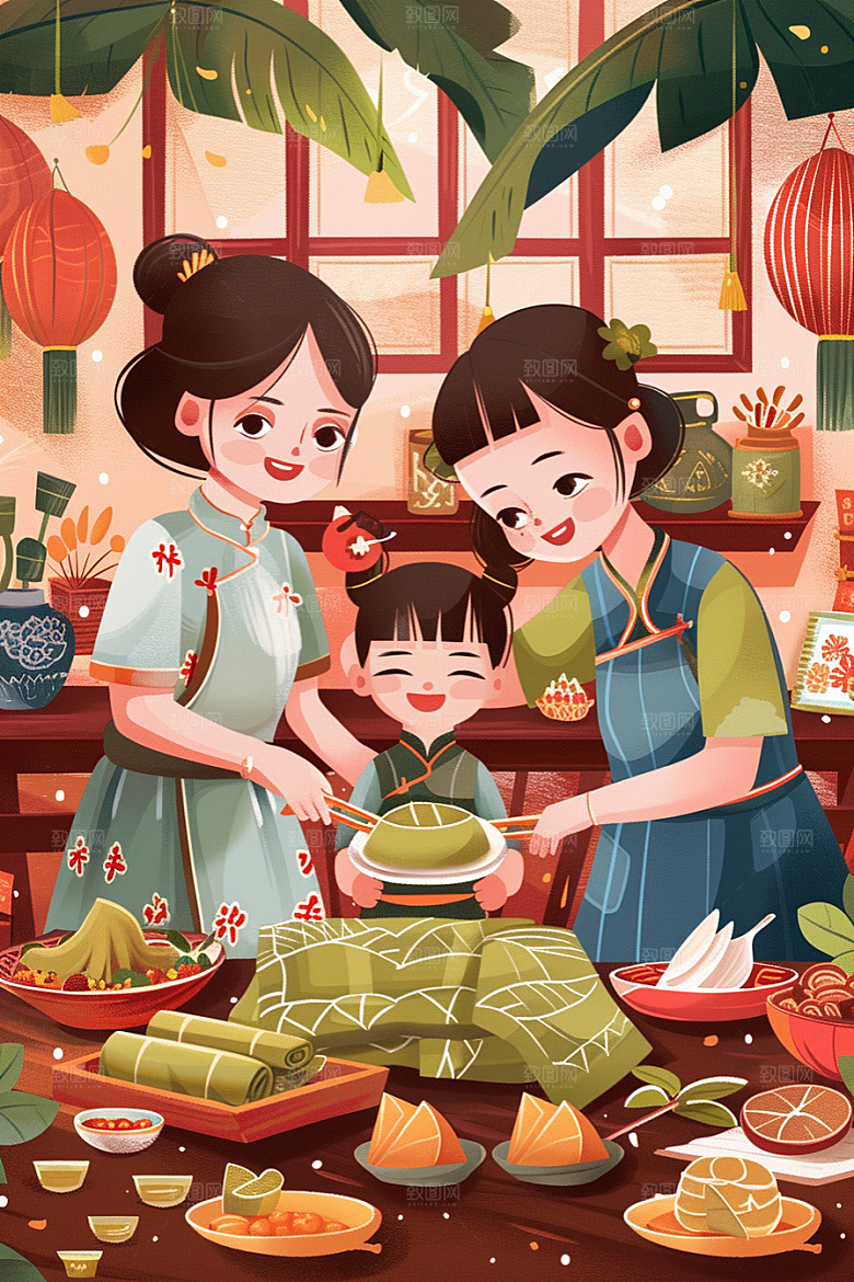 端午包粽子端午节节日氛围插画