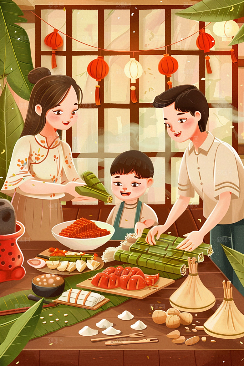 端午包粽子手绘糯米插画