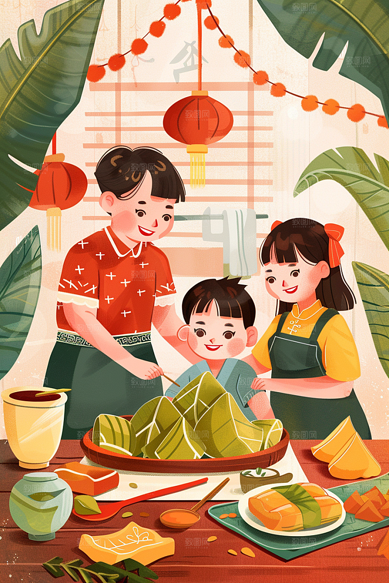 端午包粽子小吃幸福插画