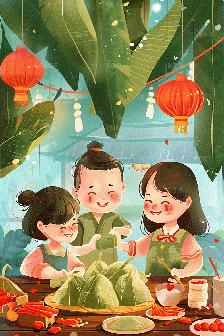 端午包粽子阖家团聚粽叶插画