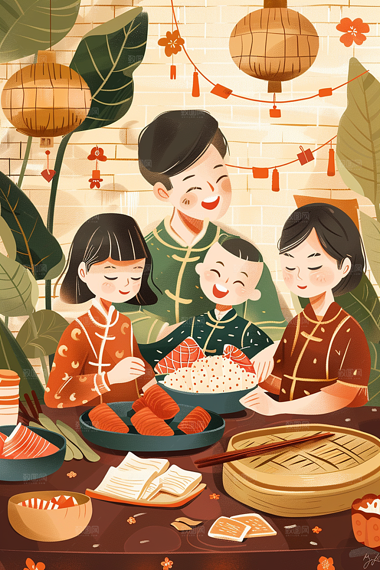 端午包粽子传统文化阖家团聚插画
