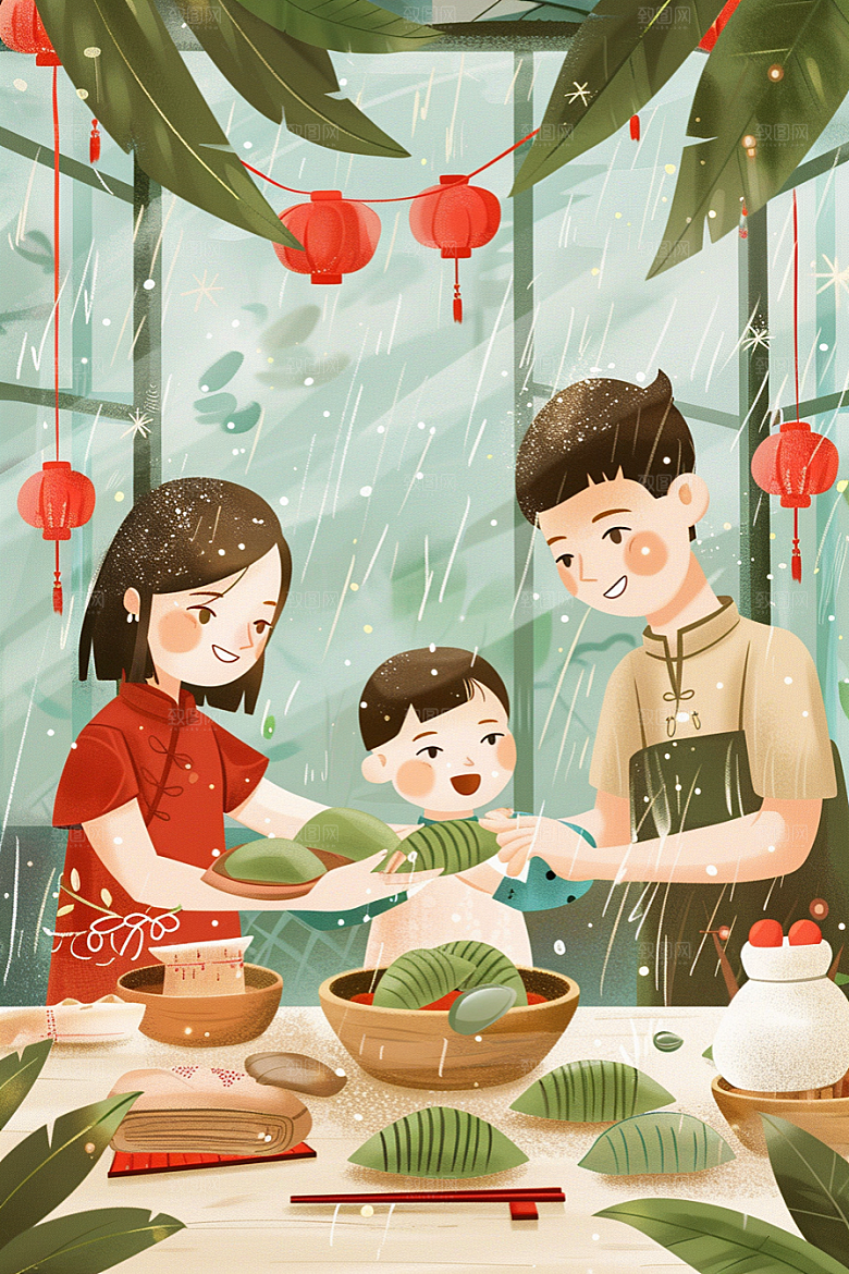 端午包粽子幸福糯米插画