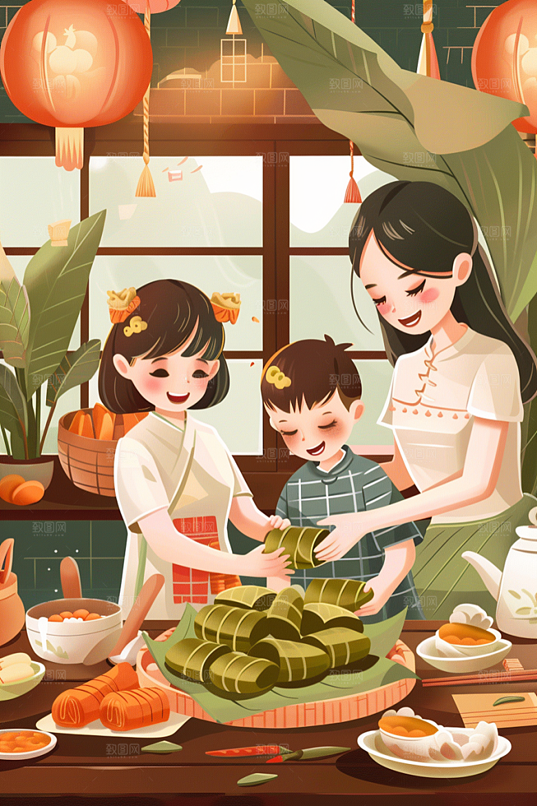 端午包粽子端午节美味插画