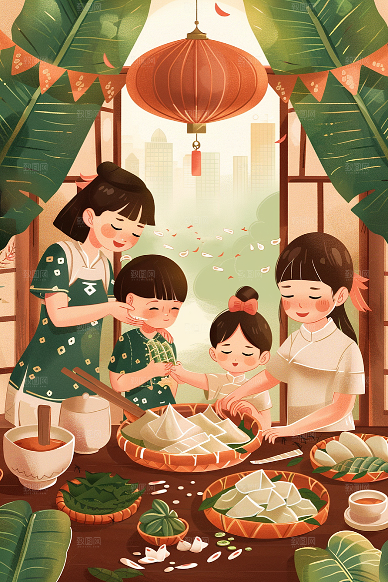 端午包粽子传统文化糯米插画