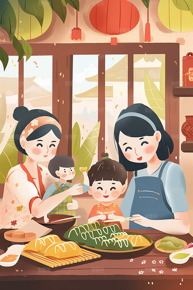 端午包粽子高清端午节插画