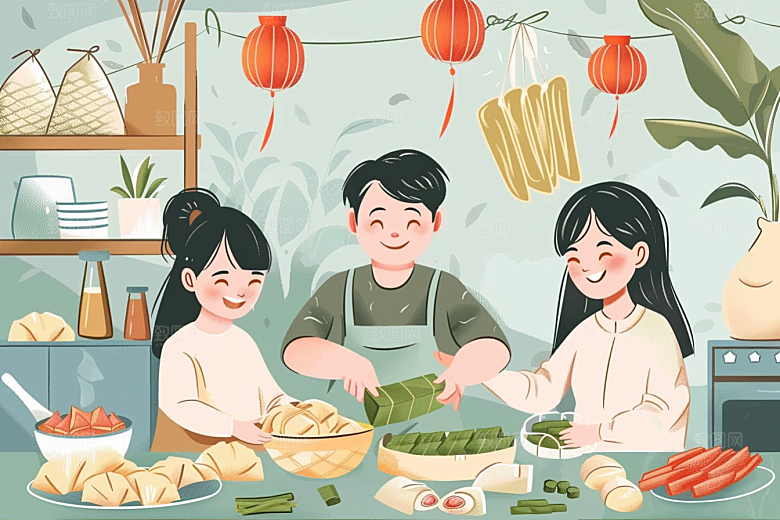 端午包粽子节日温馨插画
