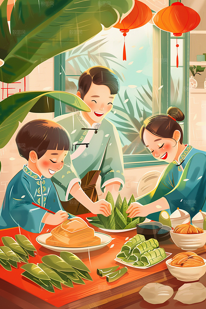端午包粽子小吃糯米插画