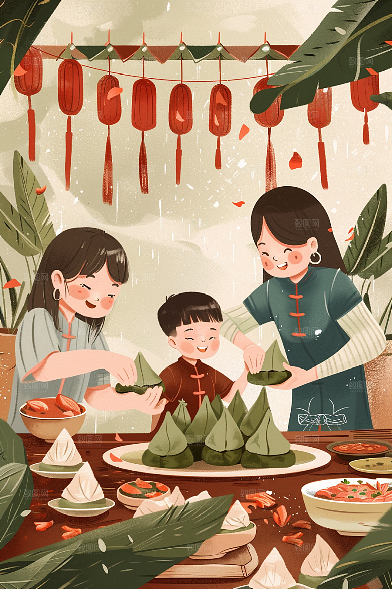 端午包粽子节日氛围粽叶插画