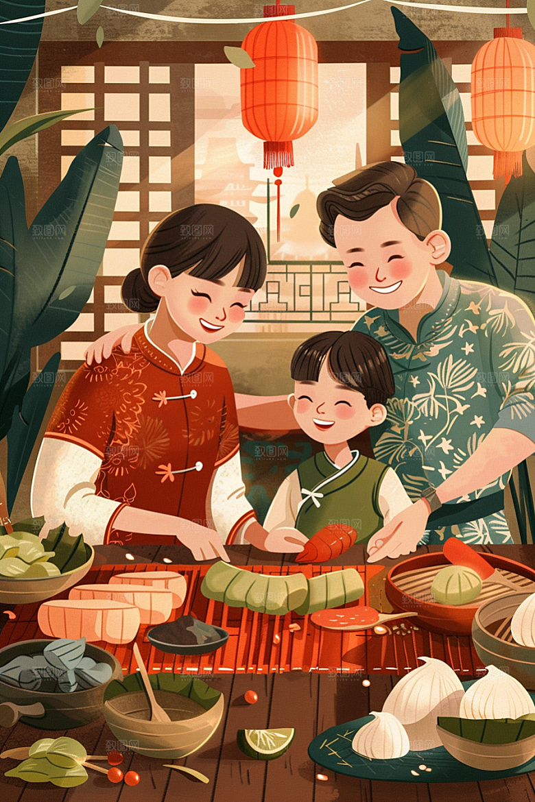 端午包粽子手绘端午节插画