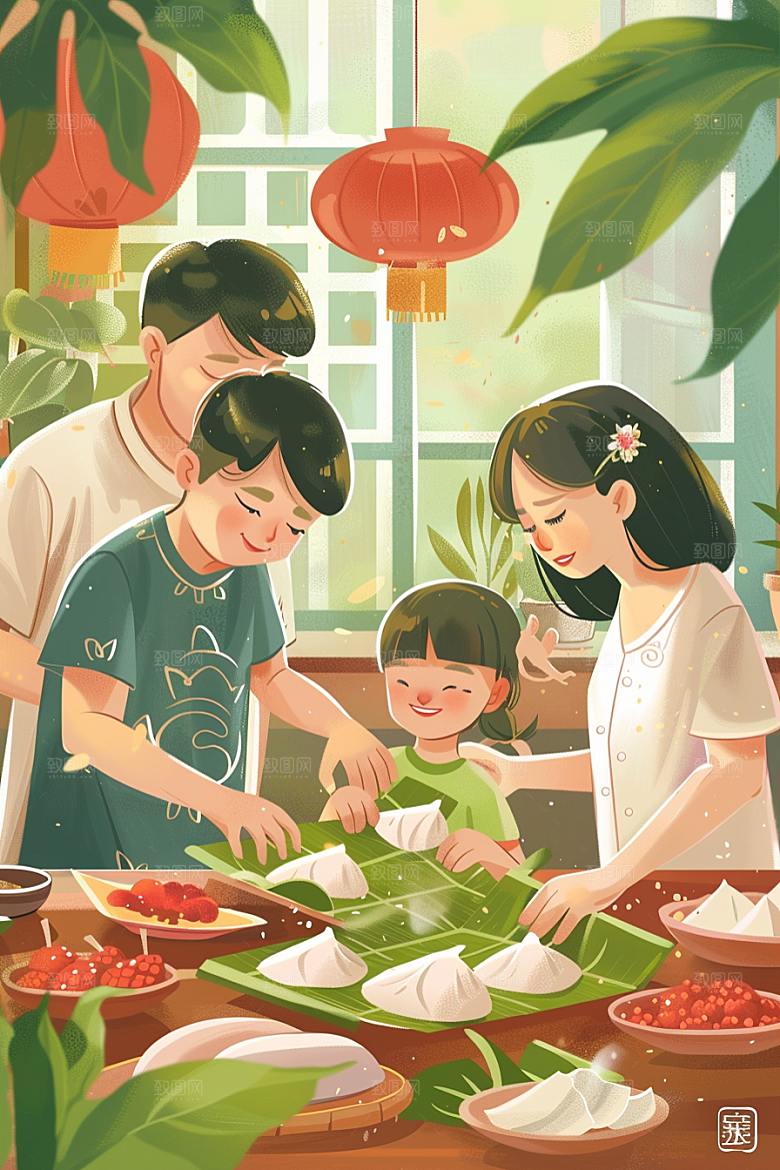 端午包粽子温馨传统文化插画
