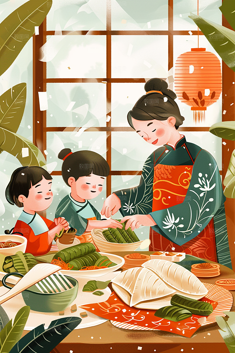 端午包粽子小吃粽叶插画