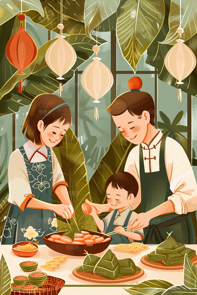 端午包粽子节日阖家团聚插画