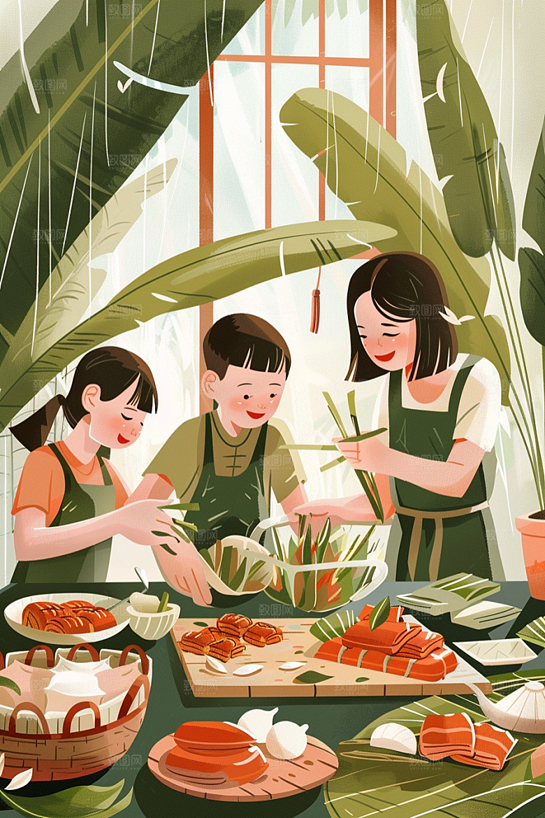 端午包粽子高清温馨插画