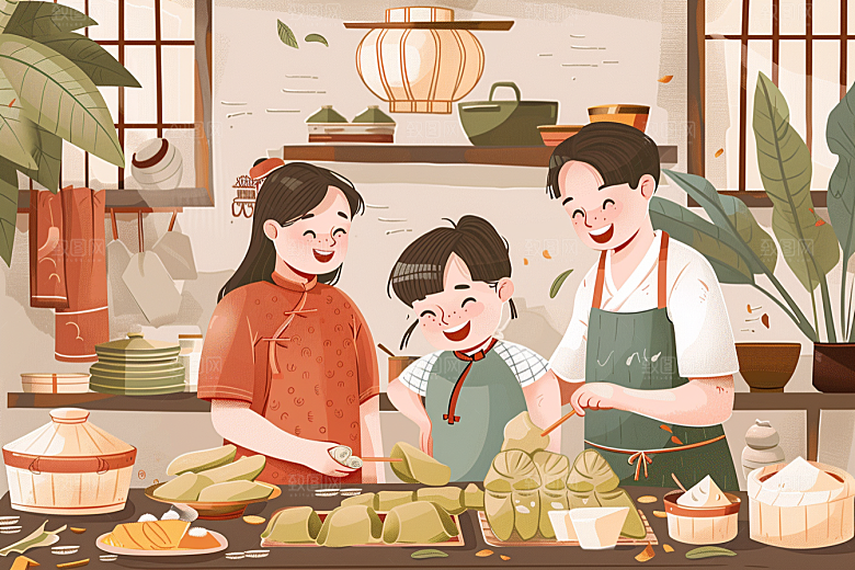 端午包粽子美味粽叶插画
