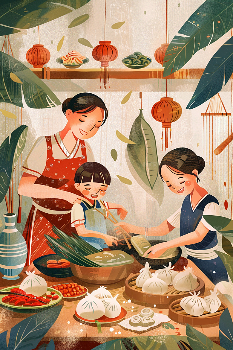 端午包粽子习俗美食插画