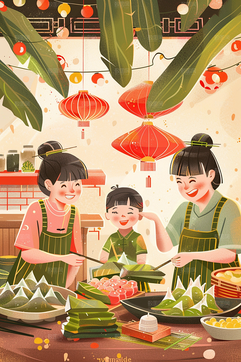 端午包粽子温馨美味插画