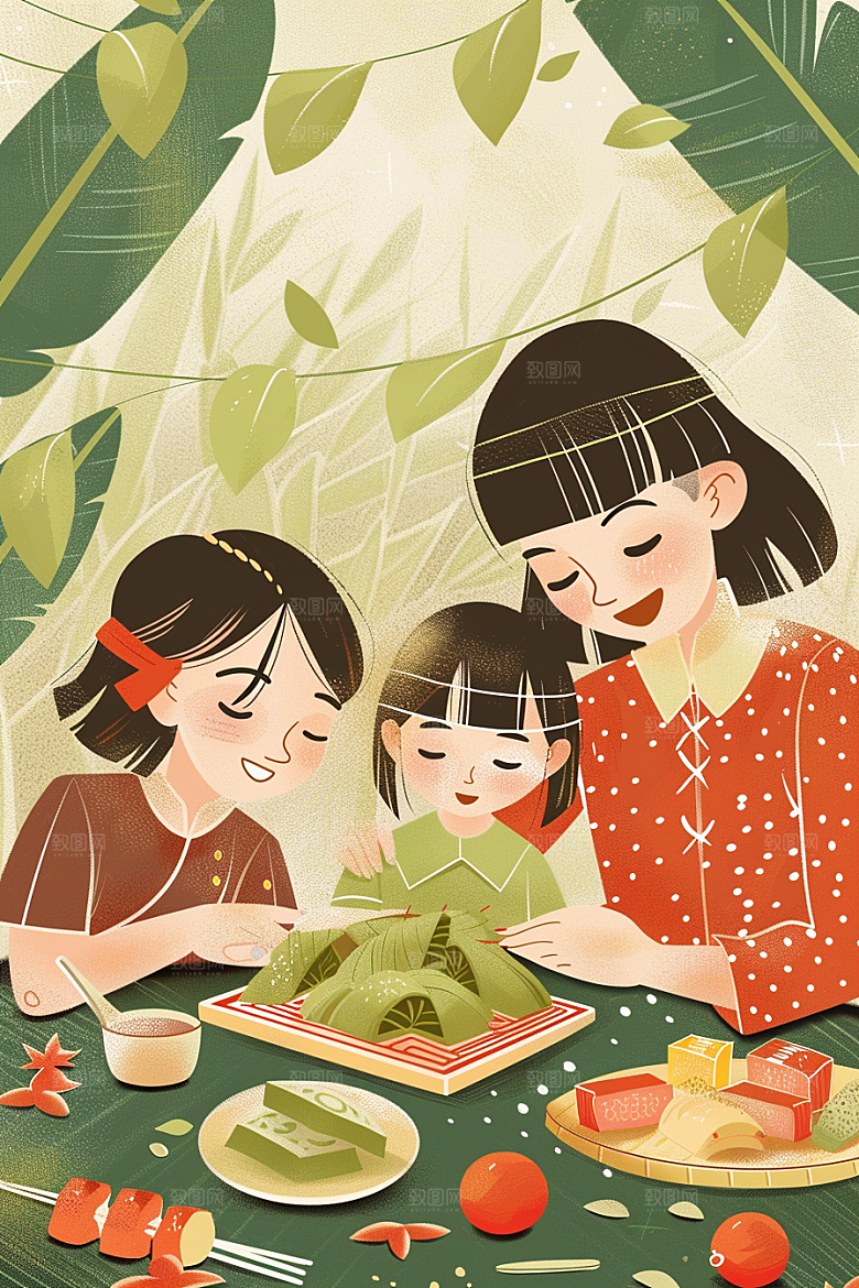 端午包粽子小吃手绘插画