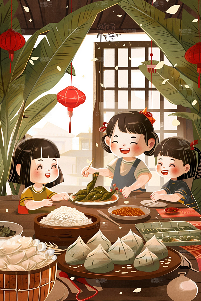 端午包粽子高清美食插画