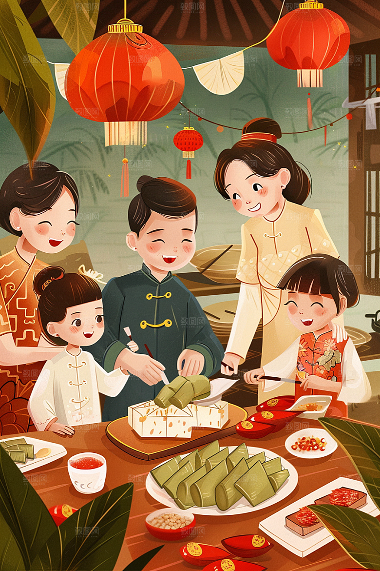 端午包粽子温馨美味插画