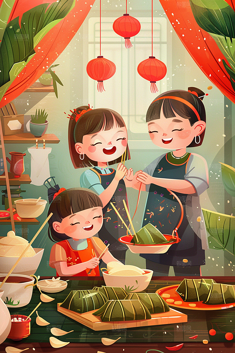 端午包粽子节日高清插画