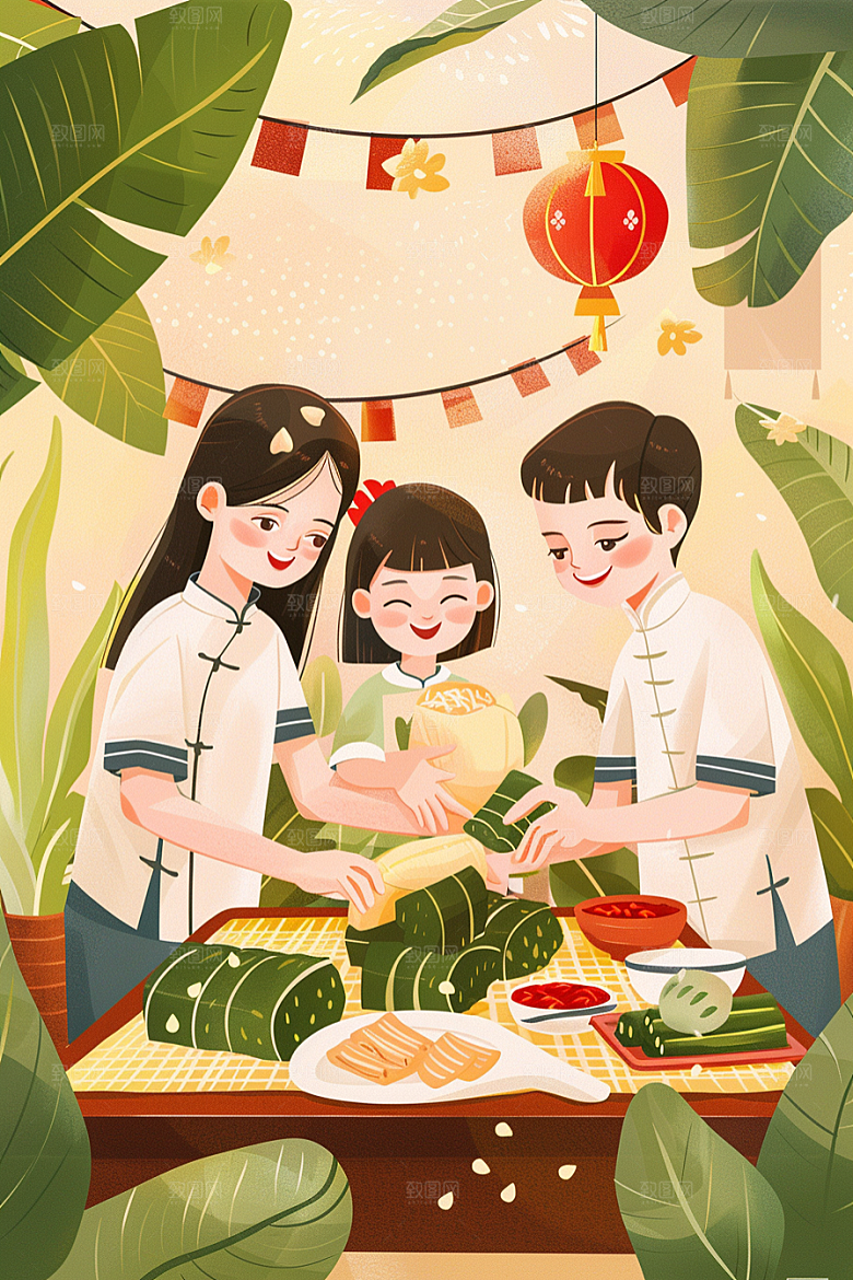 端午包粽子小吃节日插画