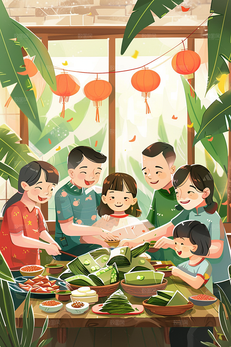 端午包粽子传统文化手绘插画