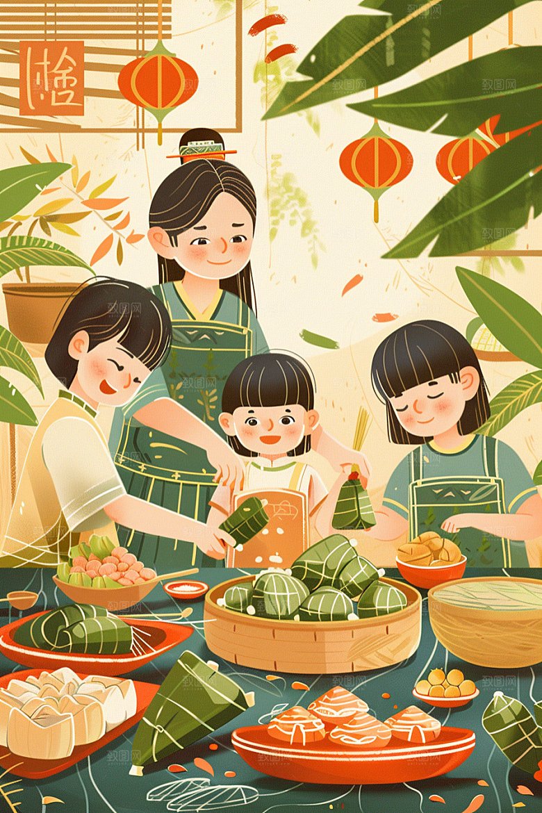 端午包粽子传统文化高清插画