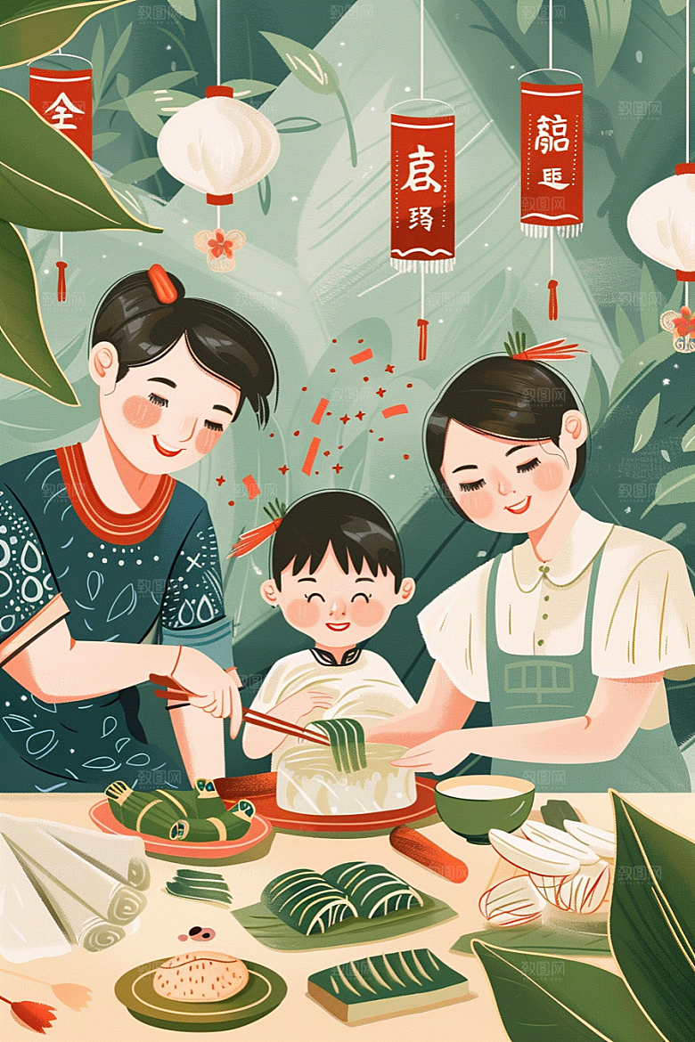 端午包粽子美食手绘插画