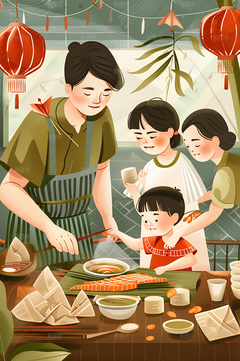端午包粽子传统文化手绘插画