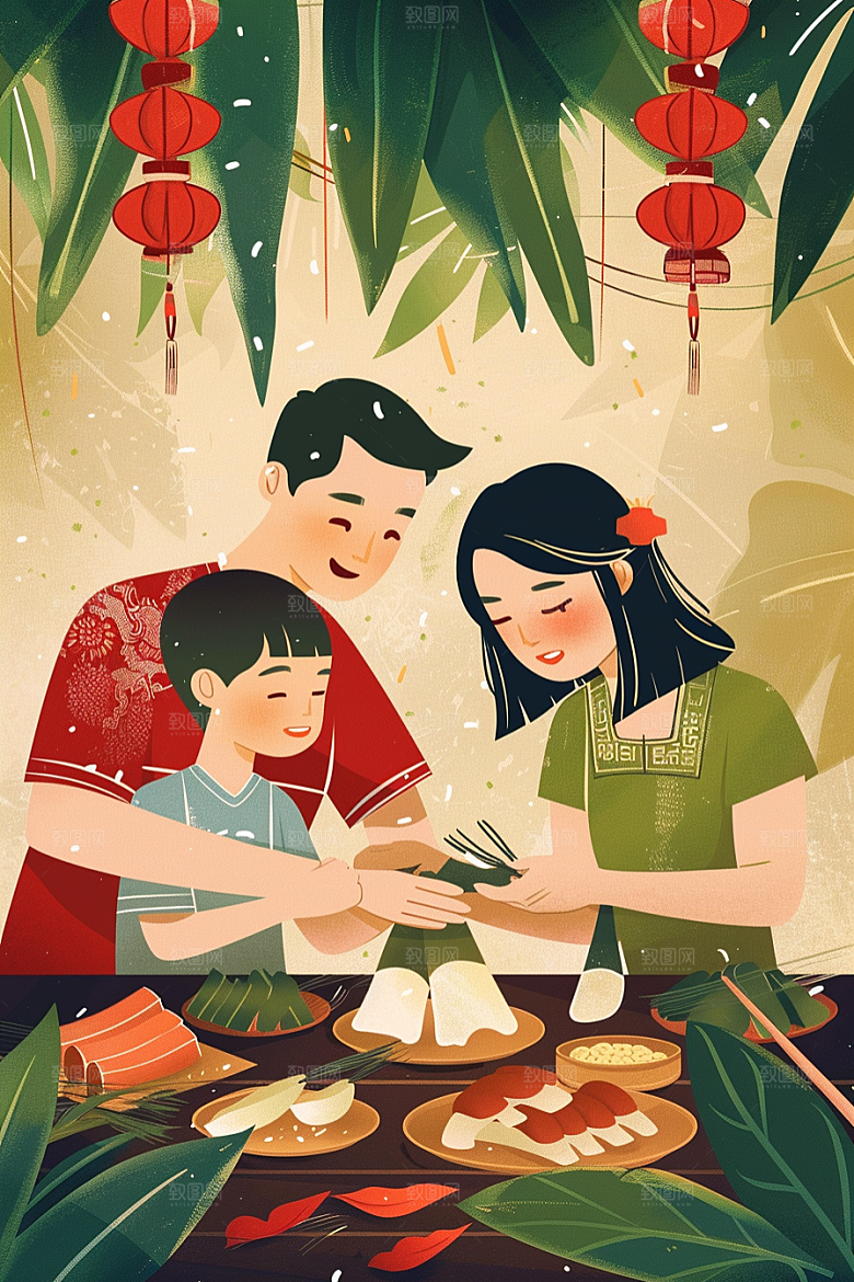 端午包粽子小吃糯米插画