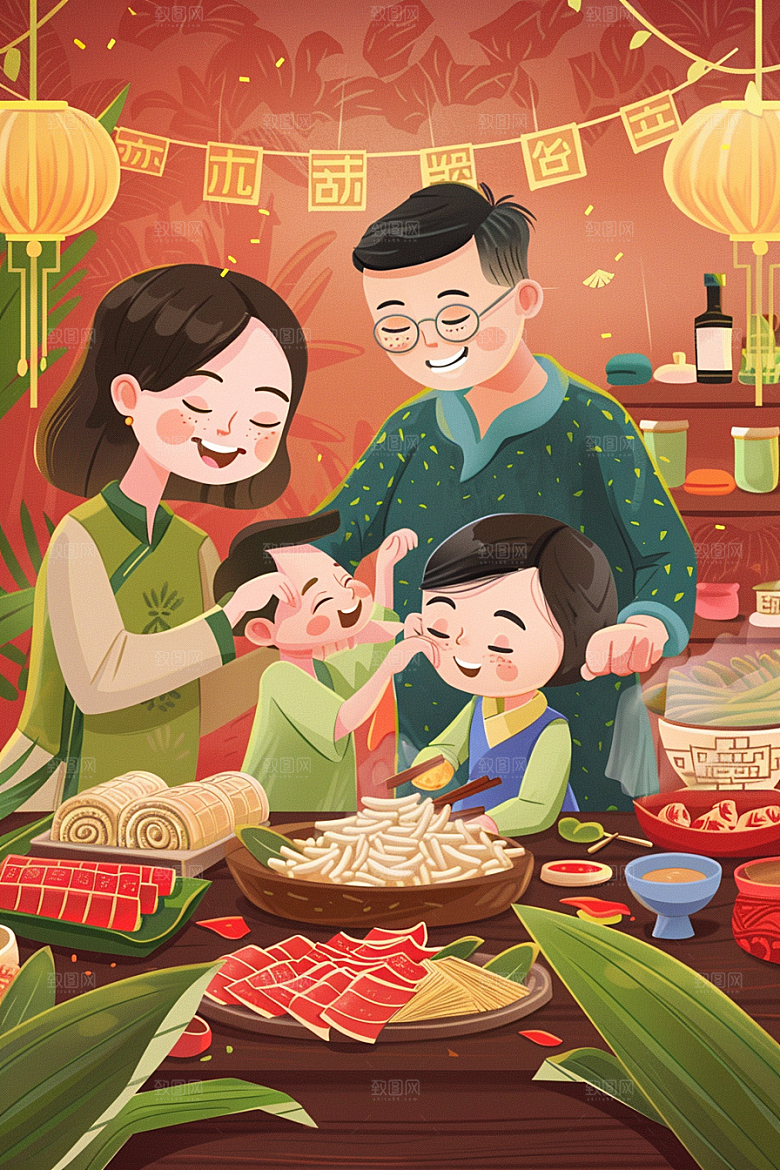 端午包粽子手绘习俗插画