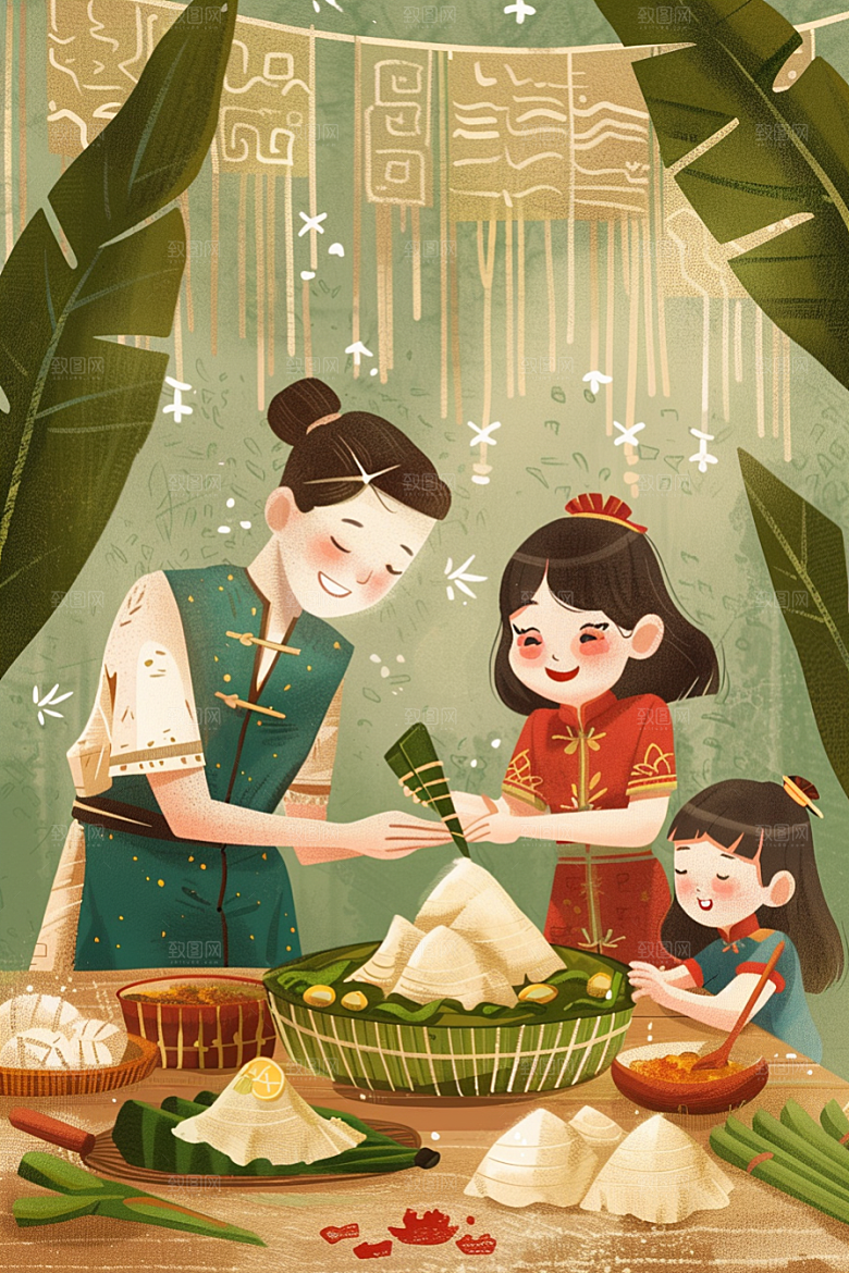 端午包粽子传统文化小吃插画