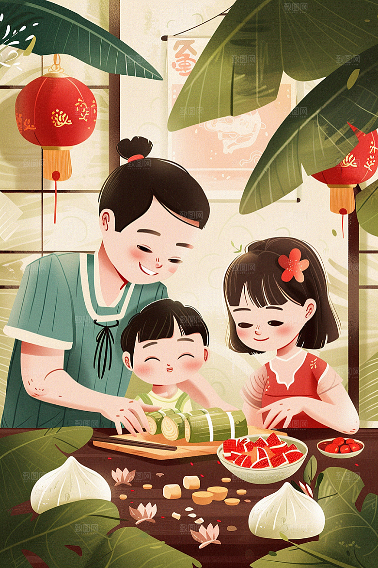 端午包粽子传统文化幸福插画
