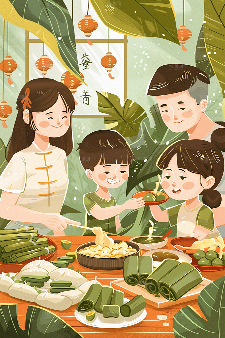 端午包粽子手绘幸福插画