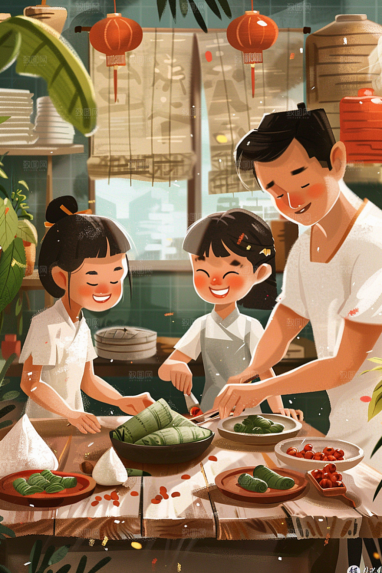 端午包粽子手绘节日氛围插画