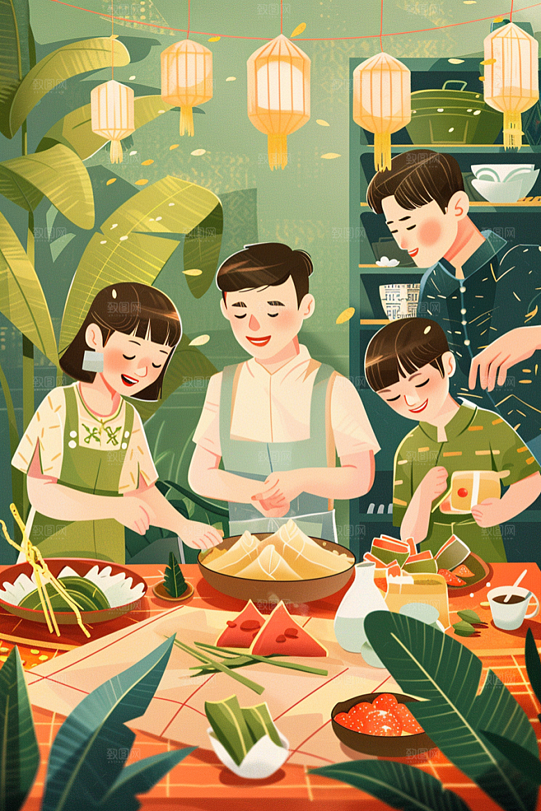 端午包粽子高清端午节插画