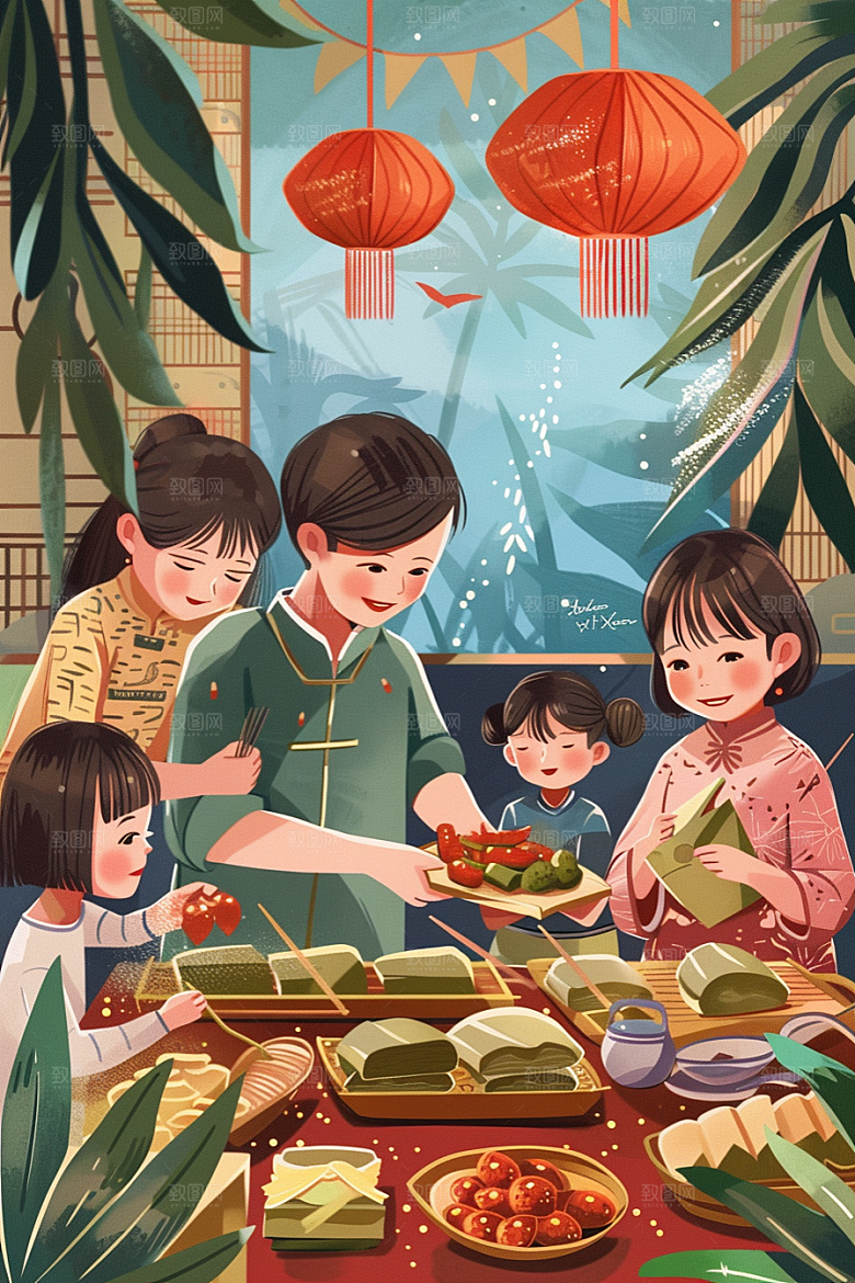 端午包粽子节日氛围端午节插画