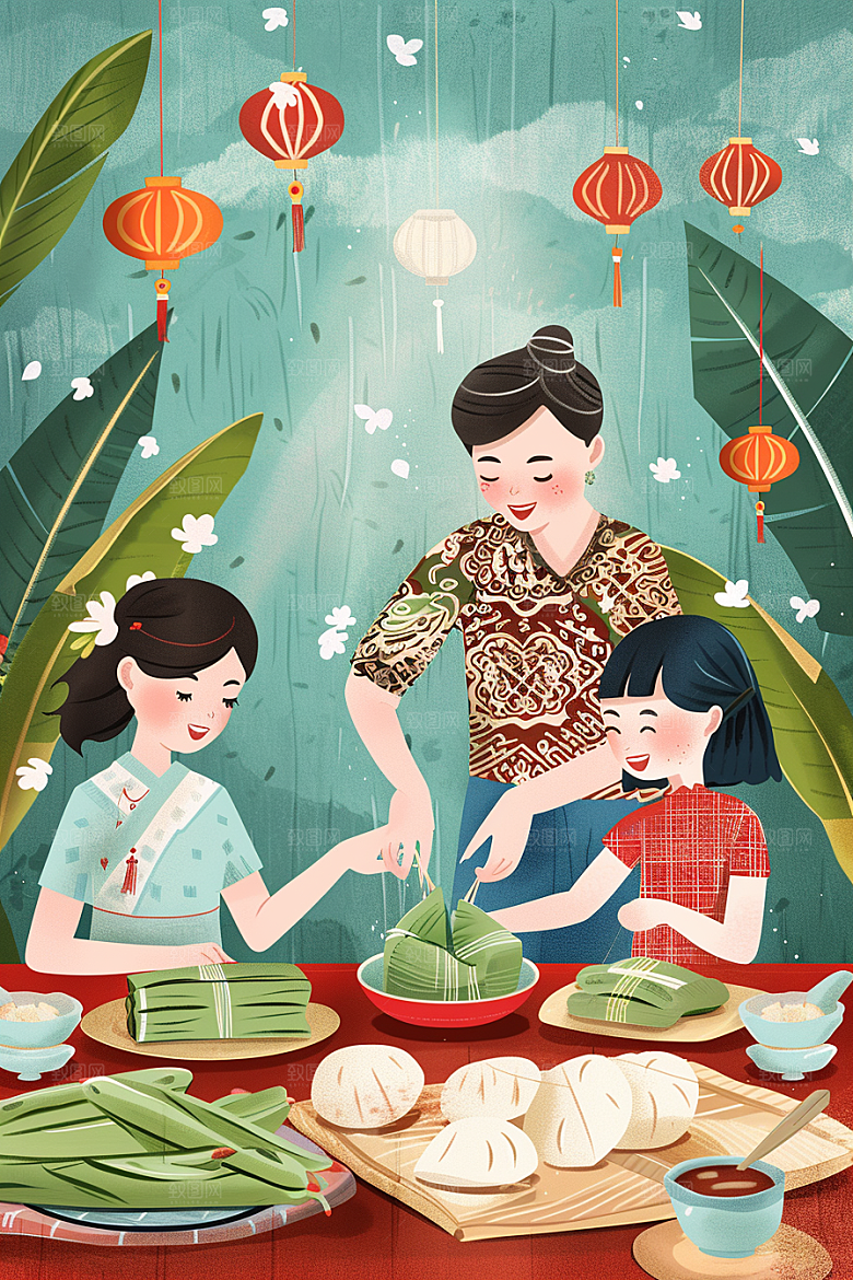 端午包粽子粽叶节日插画