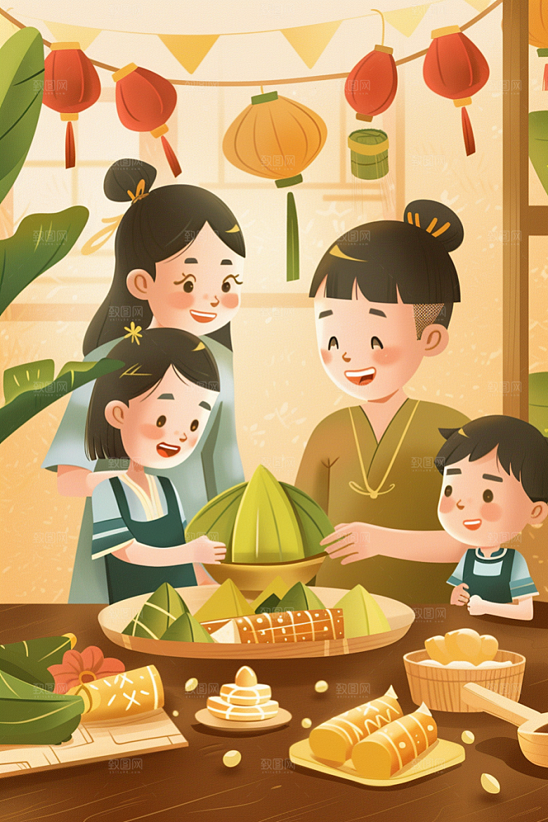 端午包粽子端午节幸福插画